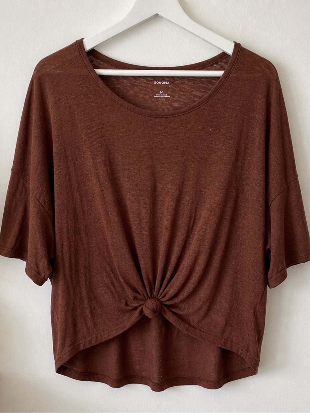 Sonoma Oversized Tie Front Tee | Brown Crop Knot Top Casual Chic Size M